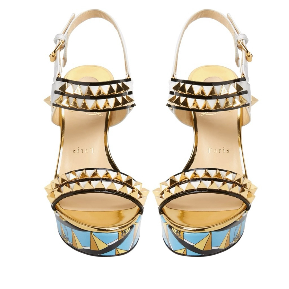 Christian Louboutin Griotta Wedge Sandal Size 37 White Gold Turquoise - Picture 3 of 8